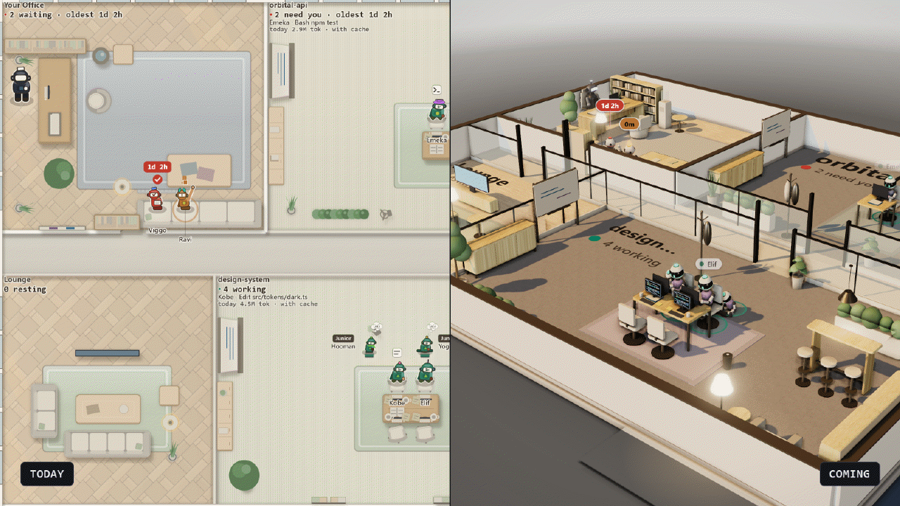 Two pictures side by side. On the left, the DeckHQ floor as it is today, seen from above. On the right, the same building in three dimensions, seen at an angle, with the same rooms and name plates. A label in the corner reads Coming.