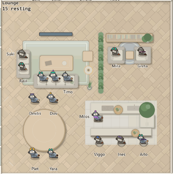 The Lounge, with fifteen benched robots resting: on sofas, at a round table, and at a café counter. The plate reads: 15 resting.