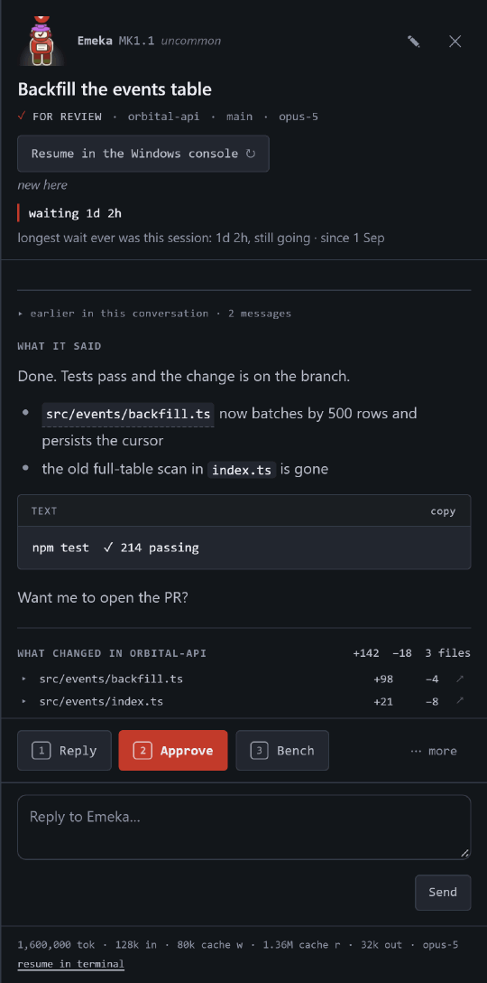 The session panel for a robot named Emeka, for review in orbital-api, waiting 1d 2h. It shows what the session said, a code block reading npm test, 214 passing, the two files that changed with plus 142 and minus 18, and three buttons: 1 Reply, 2 Approve, 3 Bench.