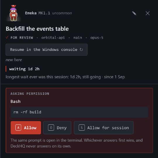 The panel showing a permission request: the tool Bash and its literal input, rm -rf build, with buttons to allow or deny.