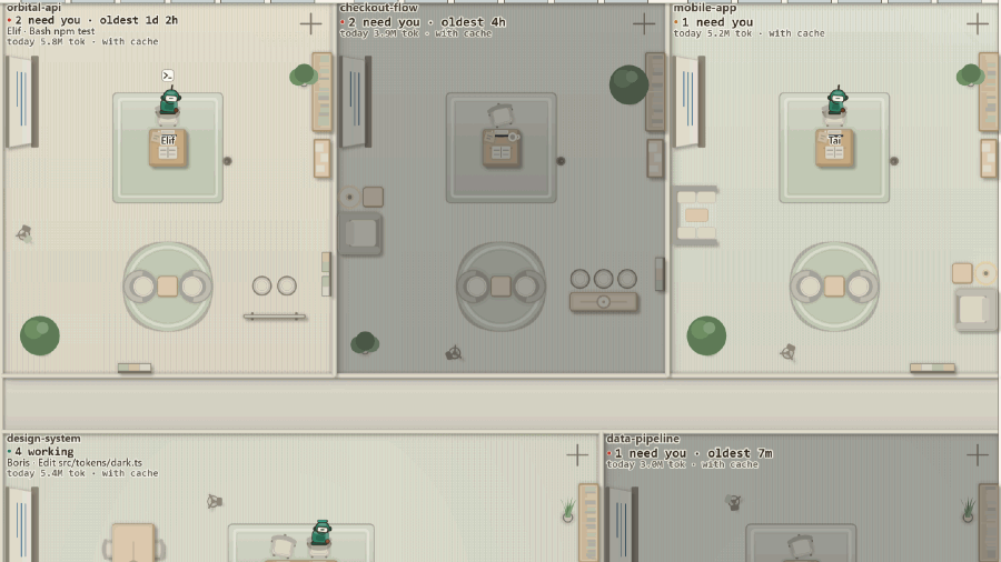 Five project rooms with room colours set to subtle: each carpet leans a little toward its project's colour, and the five are close to one beige.