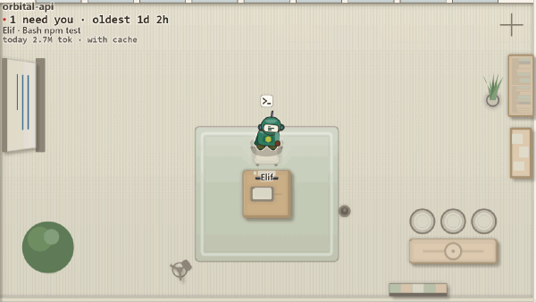 The same room with agent size set to large: the robot, its desk, the meeting table and the rug are all larger.