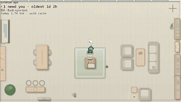 The orbital-api room with agent size set to small: a small robot at a small desk in a large room.