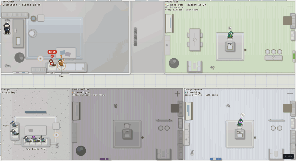 The same floor in Colour plan: a neutral building where each project's room has a calm colour of its own.