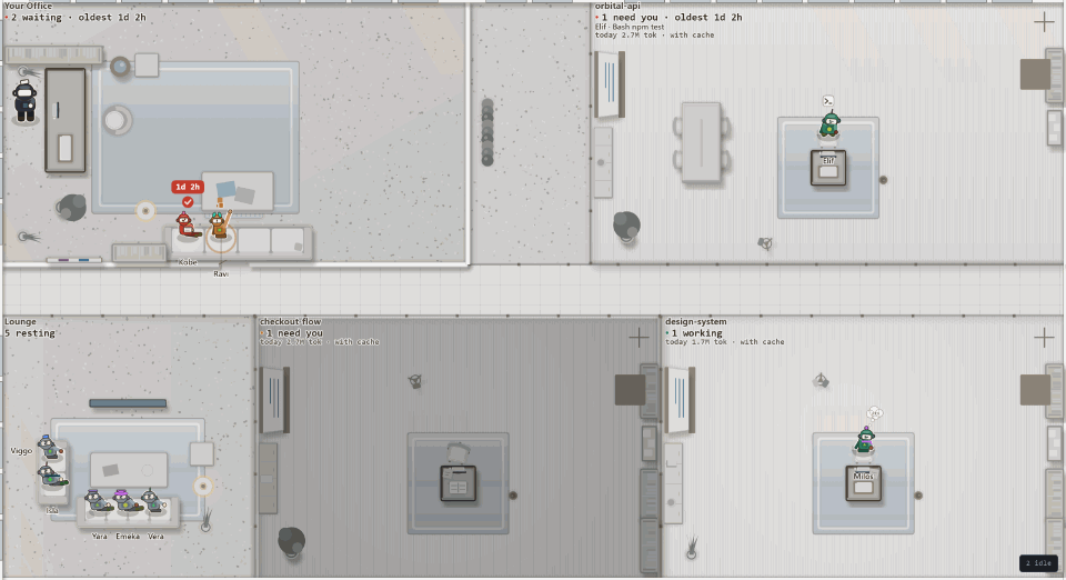 The same floor in Graphite loft: grey terrazzo and loop pile, dark frames behind glass partitions, under evening light.