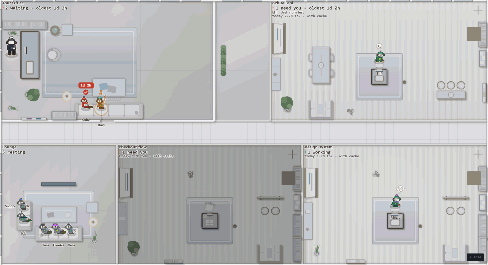 The same floor in Night lab: dark floors and dark furniture, with the robots and their state colours standing out.