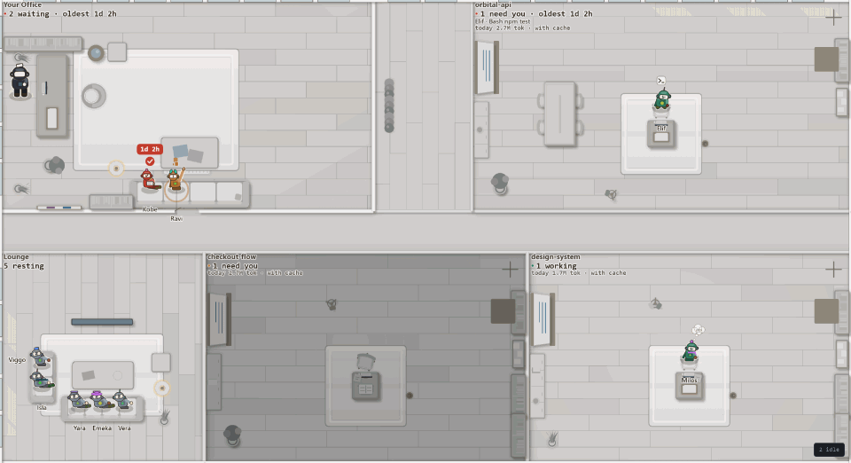 The same floor painted in the Paper office style, with its own floors, furniture and light.