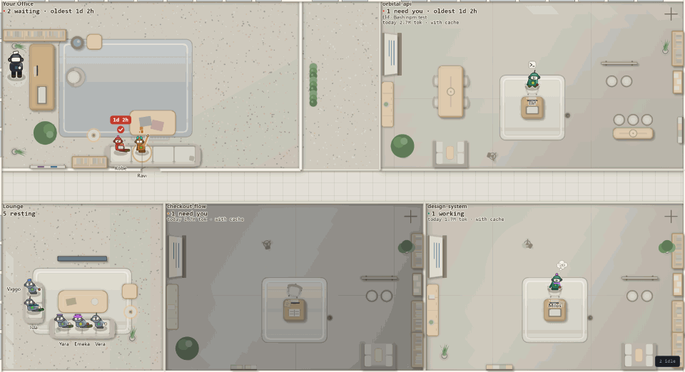 The same floor painted in the Terrazzo hall style, with its own floors, furniture and light.