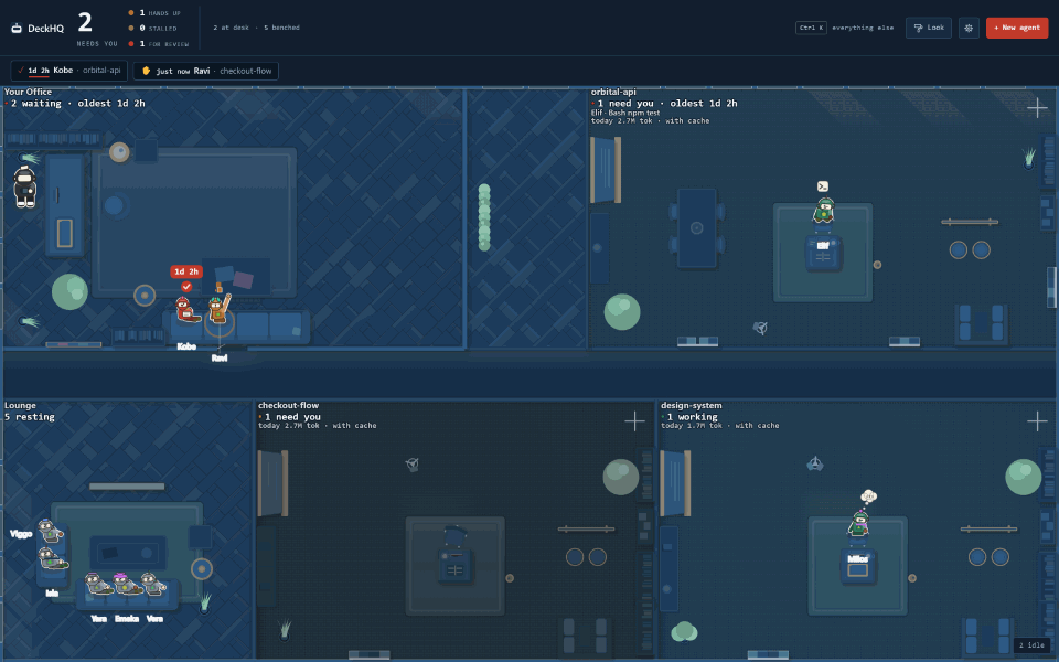 The DeckHQ window in the blueprint theme: the office drawn as pale line work on drafting blue.