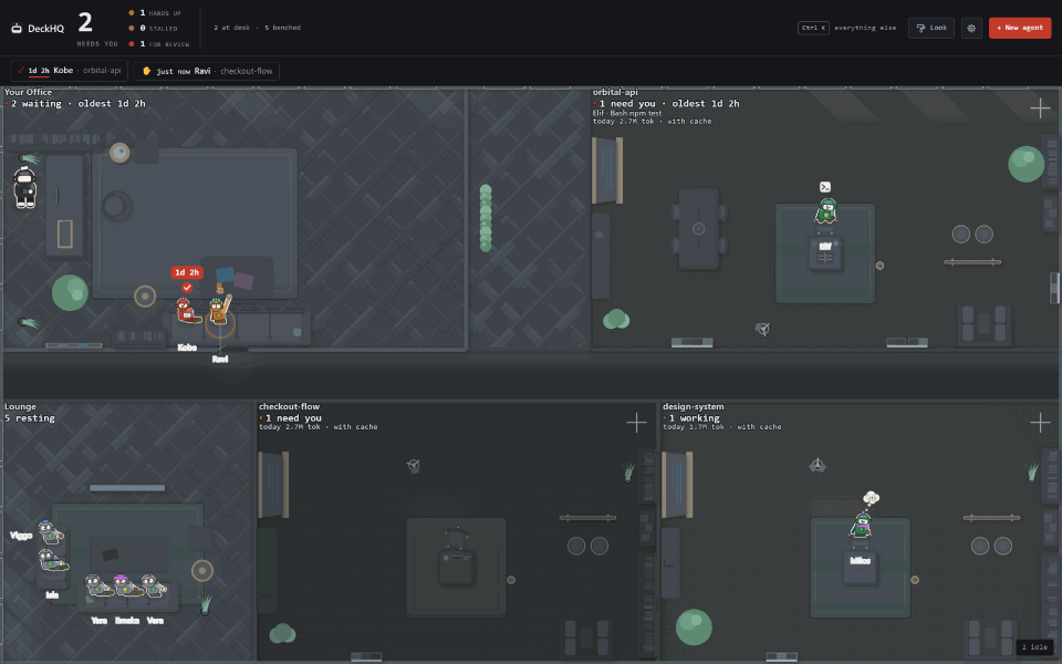 The DeckHQ window in the night shift theme: the same office after hours, with dark floors and the robots lit.